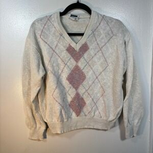 VTG Irish Linen Cotton Saks Fifth Avenue Argyle Sweater Women Sz L Cream Preppy